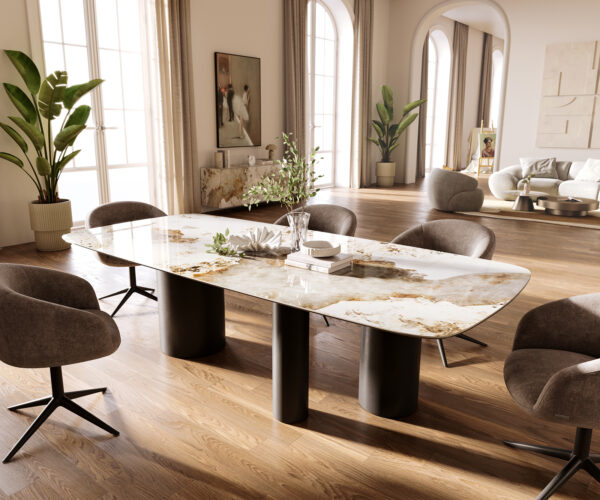 Étkezőasztal Edge hajóformájú 260x120 cm kerámia Minas Melange fehér-bézs Troa fém fekete