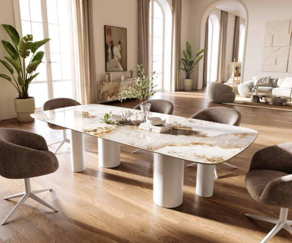 Étkezőasztal Edge hajóformájú 260x120 cm kerámia Minas melange fehér-bézs fehér fém láb