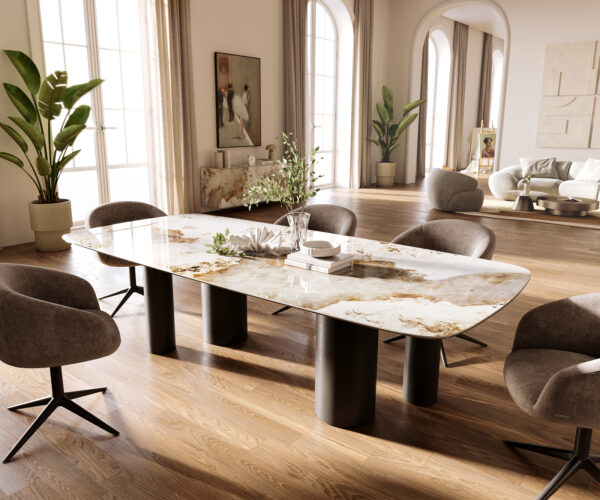 Étkezőasztal Edge hajóformájú 260x120 cm kerámia Minas Melange fehér-bézs pilier fém fekete