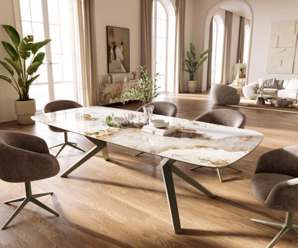 Étkezőasztal Edge hajóformájú 260x120 cm kerámia Minas Melange fehér-bézs Zenthara szögletes fém titán színű hatású