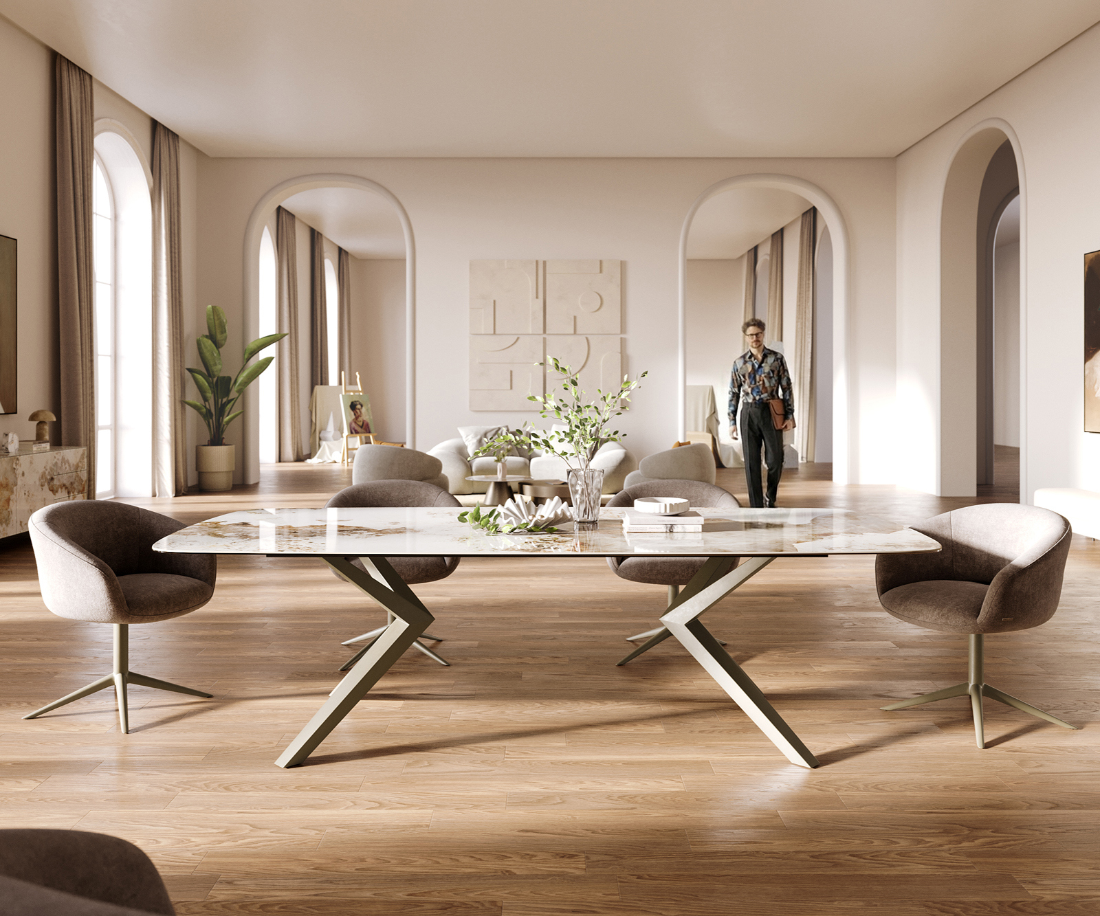 Étkezőasztal Edge hajóformájú 260x120 cm kerámia Minas Melange fehér-bézs Zenthara szögletes fém titán színű hatású - Image 2