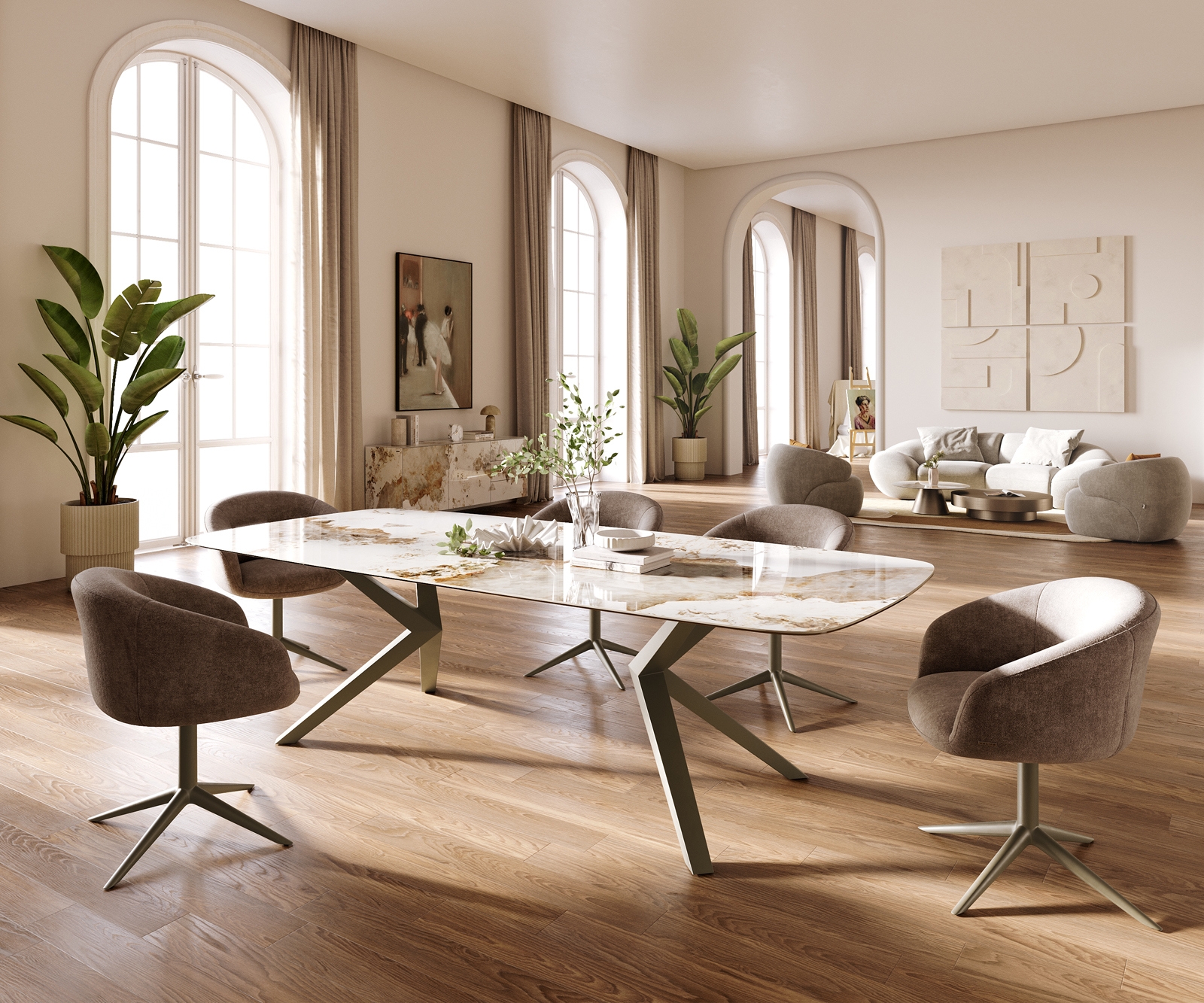 Étkezőasztal Edge hajóformájú 260x120 cm kerámia Minas Melange fehér-bézs Zenthara szögletes fém titán színű hatású - Image 6