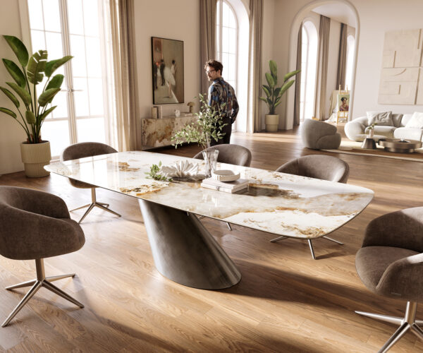 Étkezőasztal Edge hajóformájú 260x120 cm kerámia Minas Melange fehér-bézs Cono metál ezüst