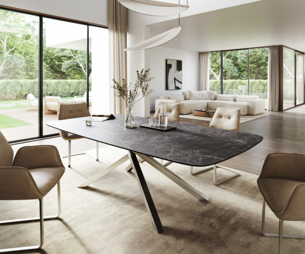 Étkezőasztal Edge hajóformájú 260x120 cm Laminam® kerámia Nero Greco antracit kereszt láb rozsdamentes acél