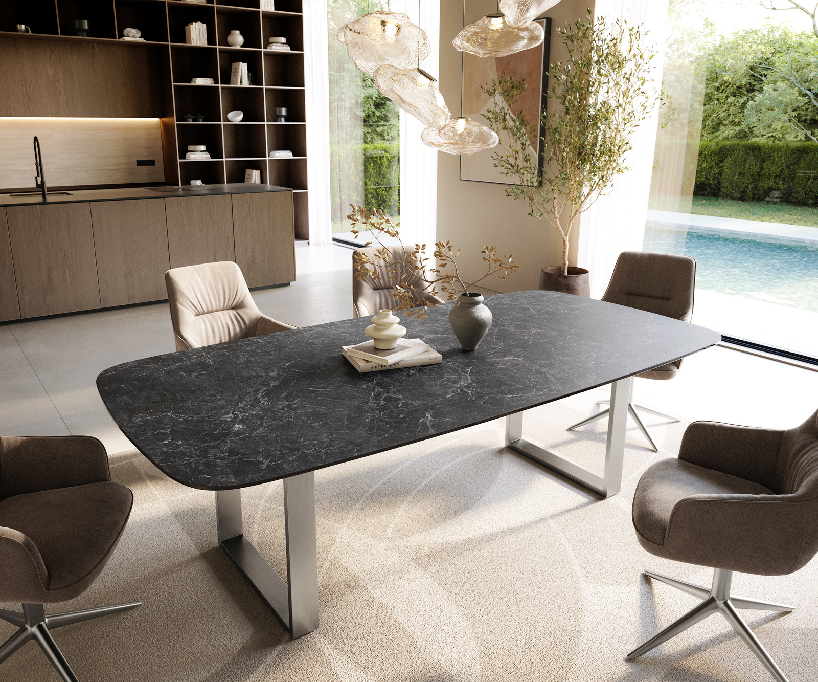 Étkezőasztal Edge hajóformájú 240x120 cm Laminam® Nero Greco kerámia antracit rozsdamentes acél keskeny