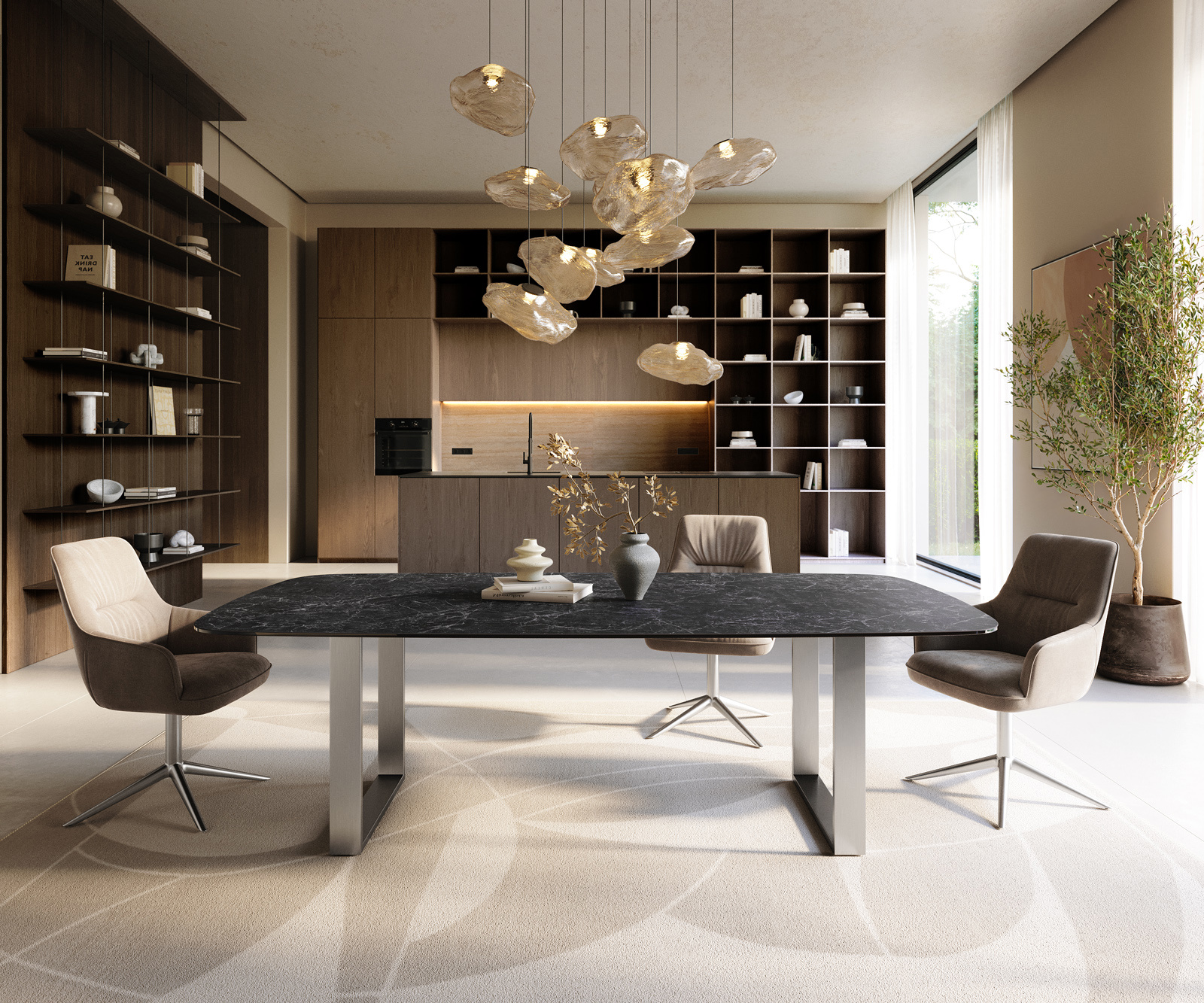 Étkezőasztal Edge hajóformájú 240x120 cm Laminam® Nero Greco kerámia antracit rozsdamentes acél keskeny - Image 2