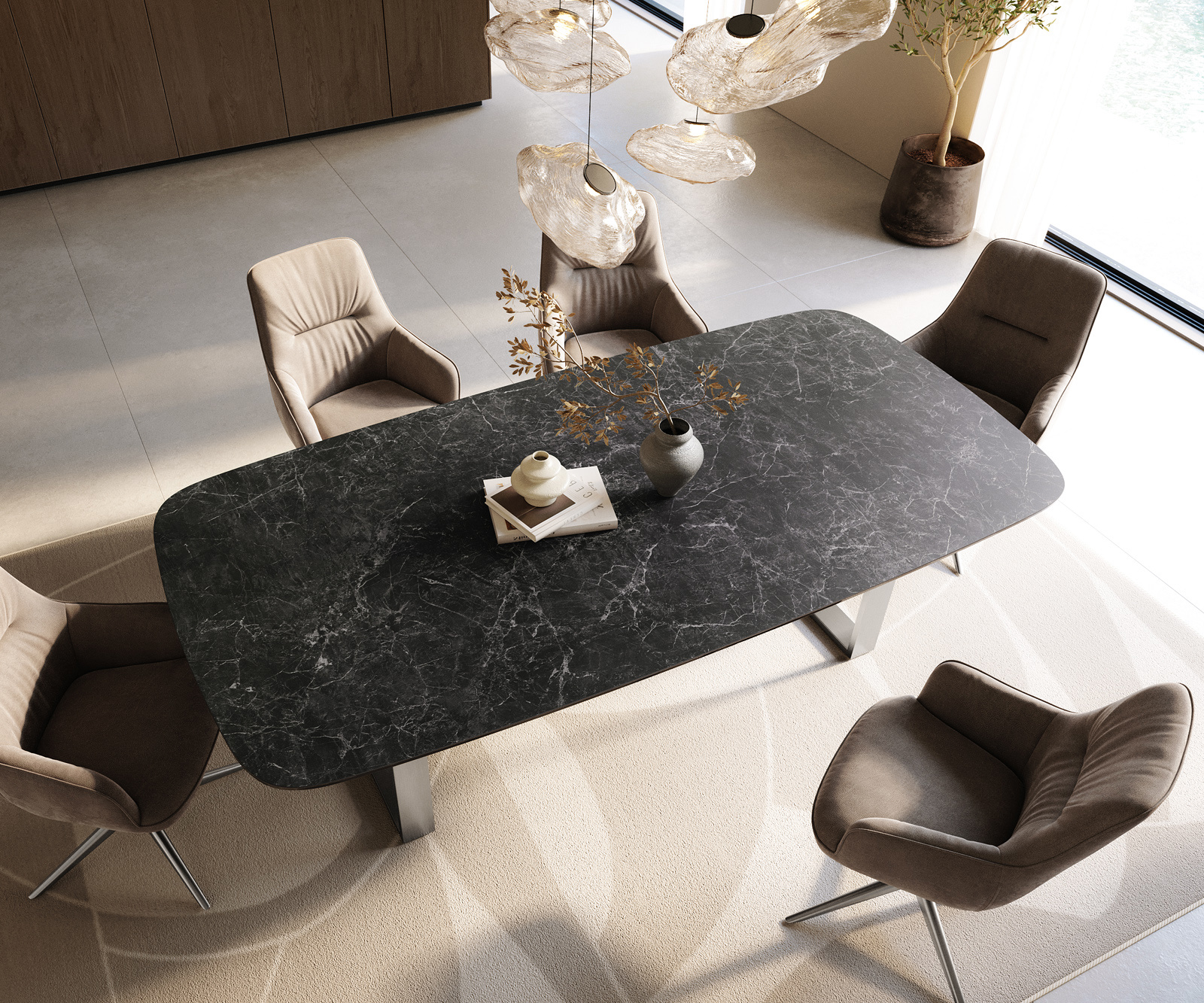 Étkezőasztal Edge hajóformájú 240x120 cm Laminam® Nero Greco kerámia antracit rozsdamentes acél keskeny - Image 4