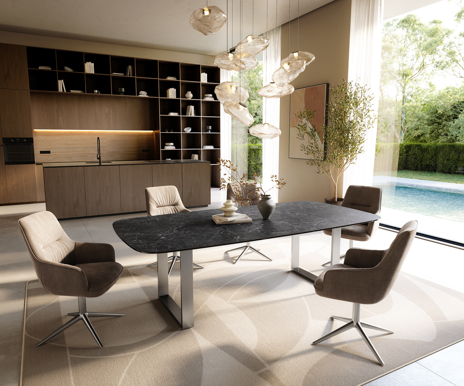 Étkezőasztal Edge hajóformájú 240x120 cm Laminam® Nero Greco kerámia antracit rozsdamentes acél keskeny - Image 6