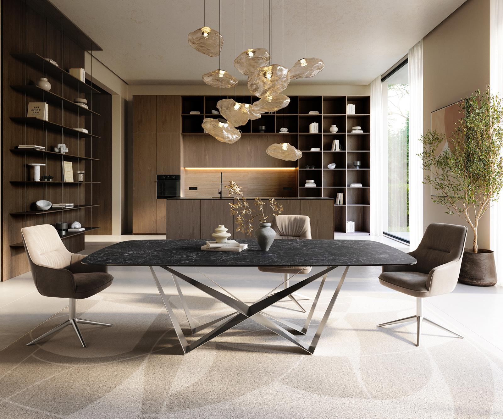 Étkezőasztal Edge hajóformájú 240x120 cm Laminam® Nero Greco antracit pókháló laposacél rozsdamentes acél - Image 2