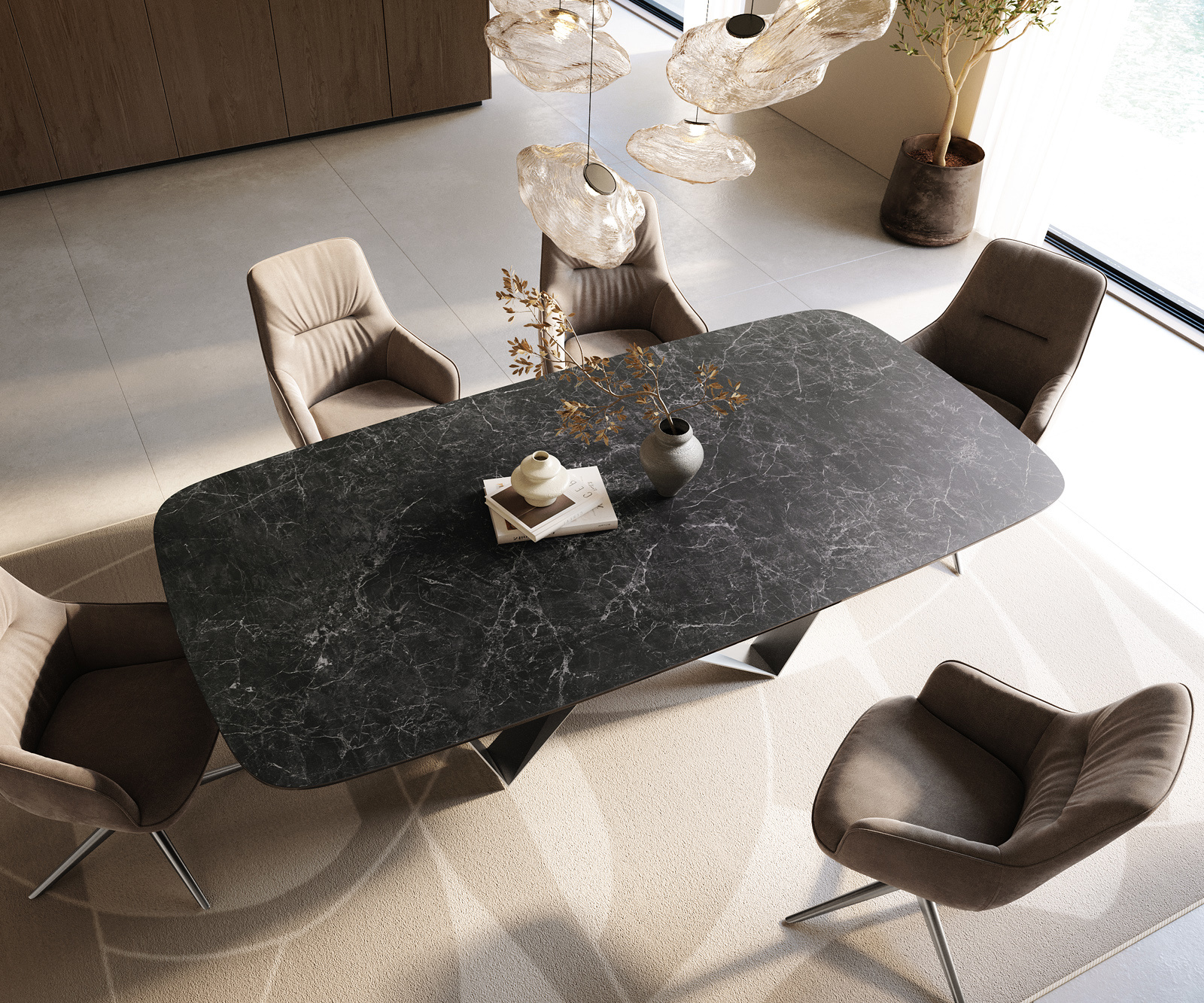 Étkezőasztal Edge hajóformájú 240x120 cm Laminam® Nero Greco antracit pókháló laposacél rozsdamentes acél - Image 4
