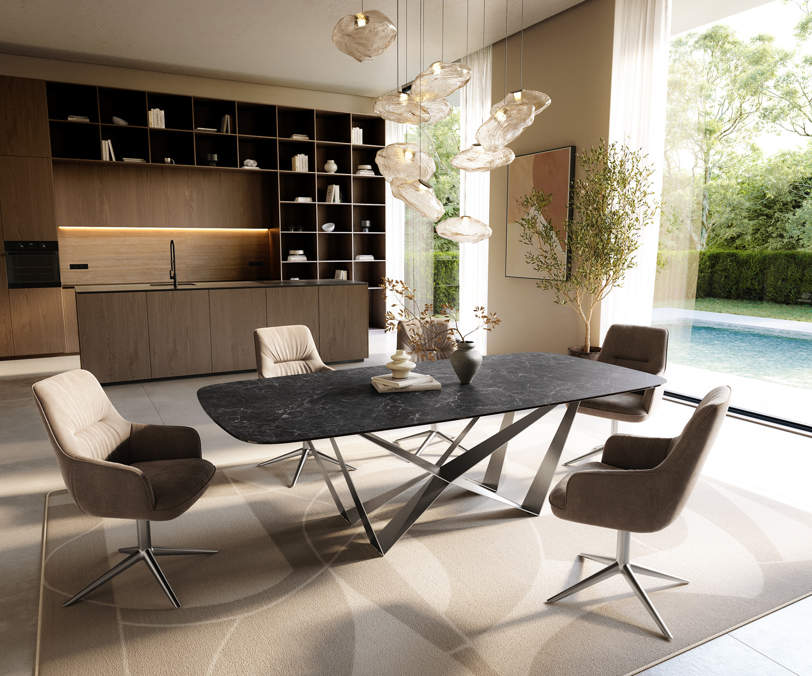 Étkezőasztal Edge hajóformájú 240x120 cm Laminam® Nero Greco antracit pókháló laposacél rozsdamentes acél - Image 6