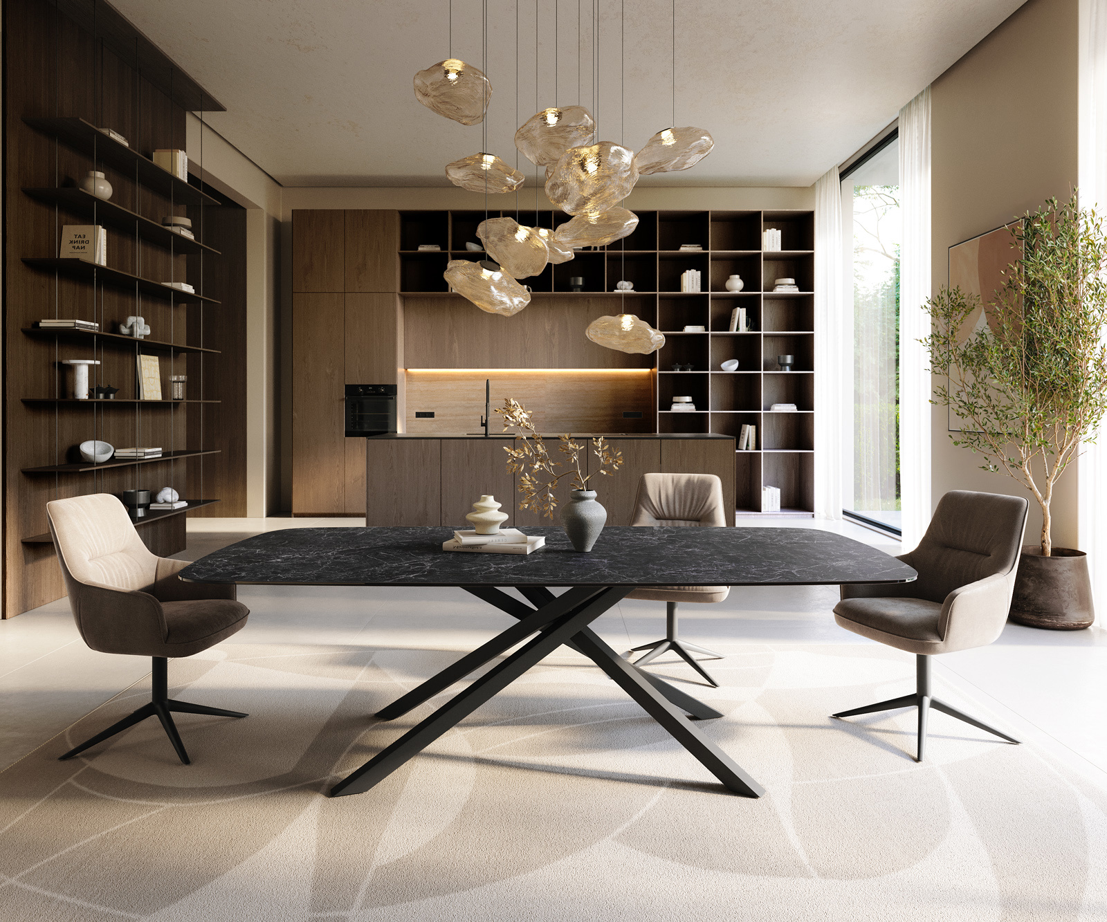 Étkezőasztal Edge hajóformájú 240x120 cm Laminam® Nero Greco kerámia antracit kereszt láb téglalap alakú fekete - Image 2