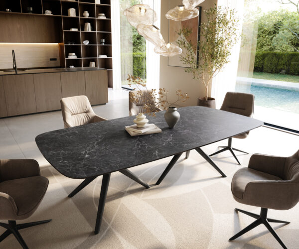 Étkezőasztal Edge hajóformájú 240x120 cm Laminam® Nero Greco kerámia antracit Estelar kerek fém fekete