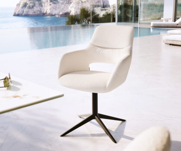 Kültéri étkezőszék Yago-Flex karfás bouclé fehér fekete kereszt láb 360° forgatható billenő