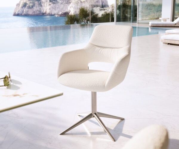 Kültéri étkezőszék Yago-Flex karfás bouclé fehér rozsdamentes acél kereszt láb 360° forgatható billenő funkció