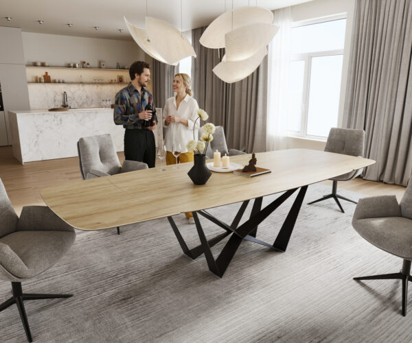 Étkezőasztal Edge hajóformájú 200-300x120 cm Laminam® Sabbia kerámia tölgyszínű Spider laposacél fekete kihúzható
