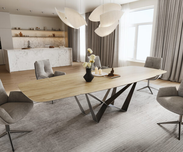 Étkezőasztal Edge hajóformájú 200-300x120 cm Laminam® Sabbia kerámia tölgyszínű Spider laposacél rozsdamentes acél grafit kihúzható