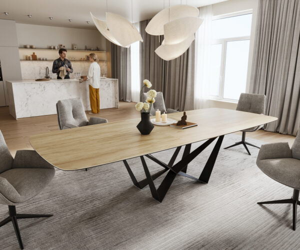 Étkezőasztal Edge hajóformájú 240-300x120 cm Laminam® Sabbia kerámia tölgyszínű Spider laposacél fekete kihúzható