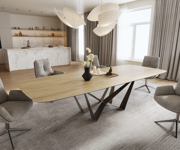 Étkezőasztal Edge hajóformájú 240-300x120 cm Laminam® Sabbia kerámia tölgyszínű Spider laposacél rozsdamentes acél kihúzható