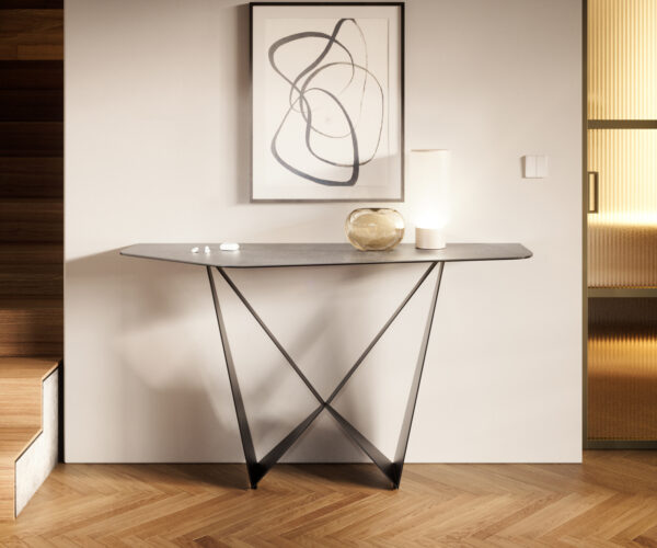 Konzolasztal Edge polygonális 140x50 cm kerámia beton szürke Livos fém fekete