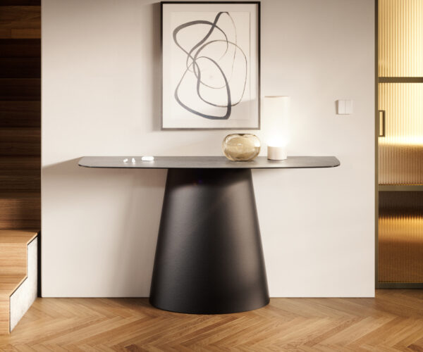 Konzolasztal Edge hajóformájú 140x40 cm kerámia beton szürke Conos fém fekete