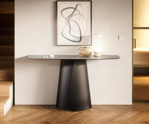 Konzolasztal Edge hajóformájú 140x40 cm kerámia beton szürke Livos fém fekete