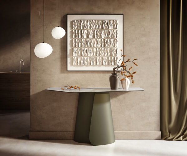 Konzolasztal Edge poligonális 140x50 cm kerámia onyx gyöngyház lakk fém titán színű hatás