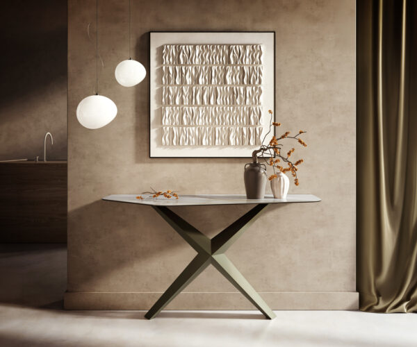 Konzolasztal Edge poligonális 140x50 cm kerámia onyx gyöngy Zentharo fém titán színű effektfinish