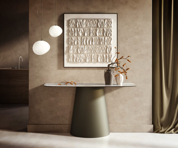 Konzolasztal Edge hajóformájú 140x40 cm kerámia onyx pearl Conos fém titán színű effekt finish