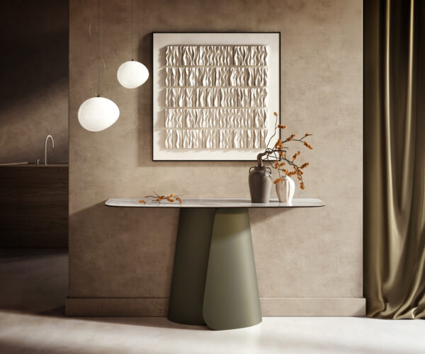 Konzolasztal Edge hajóformájú 140x40 cm kerámia onyx gyöngyház lakk fém titán színű hatású