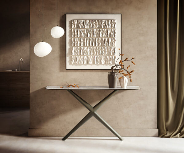 Konzolasztal Edge hajóformájú 140x40 cm kerámia onyx pearl Estelo fém titán színű effekt finish