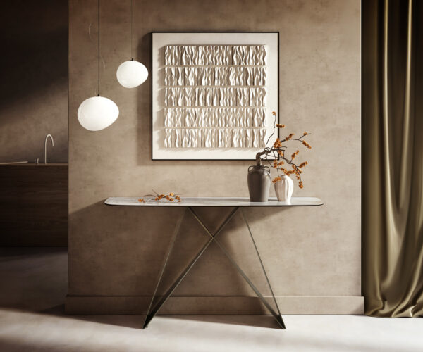 Konzolasztal Edge hajóformájú 140x40 cm kerámia onyx pearl Velio fém titán színű effekt finish