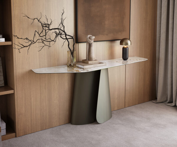 Konzolasztal Edge poligonális 180x50 cm kerámia Minas melange fehér-bézs Livos fém titán effekt finish