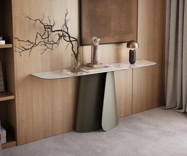 Konzolasztal Edge hajóformájú 180x40 cm kerámia Minas Melange fehér-bézs Livos fém titán színű effekt finish