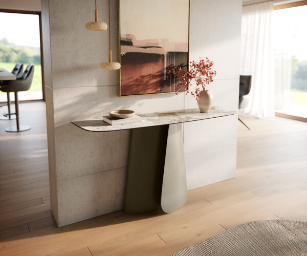 Konzolasztal Edge hajóformájú 140x40 cm kerámia Minas melange fehér-bézs Livos fém titán színű effekt finish