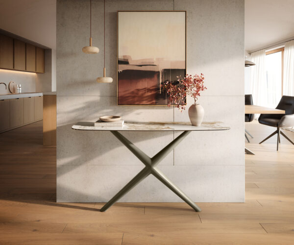 Konzolasztal Edge hajóformájú 140x40 cm kerámia Minas Melange fehér-bézs Estelo fém titán színű hatású