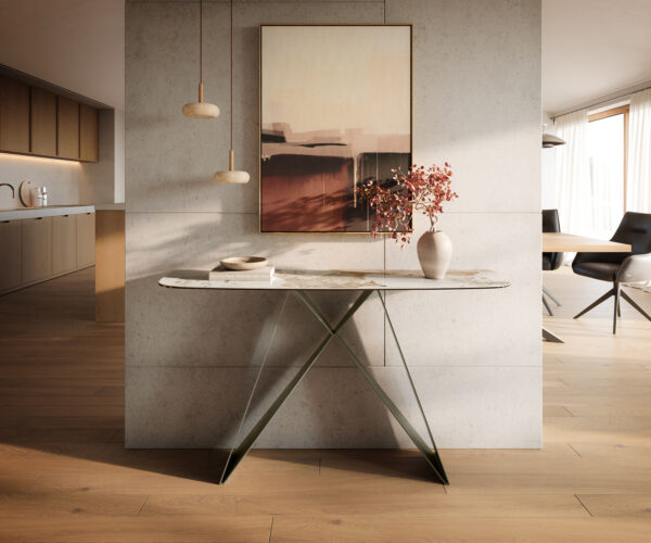 Konzolasztal Edge hajóformájú 140x40 cm kerámia Minas melange fehér-bézs Velio fém titán színű hatású