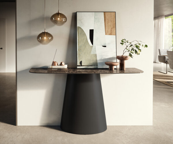 Konzolasztal Edge hajóformájú 140x40 cm kerámia emperador extra polírozott sötétbarna kúpos fém fekete