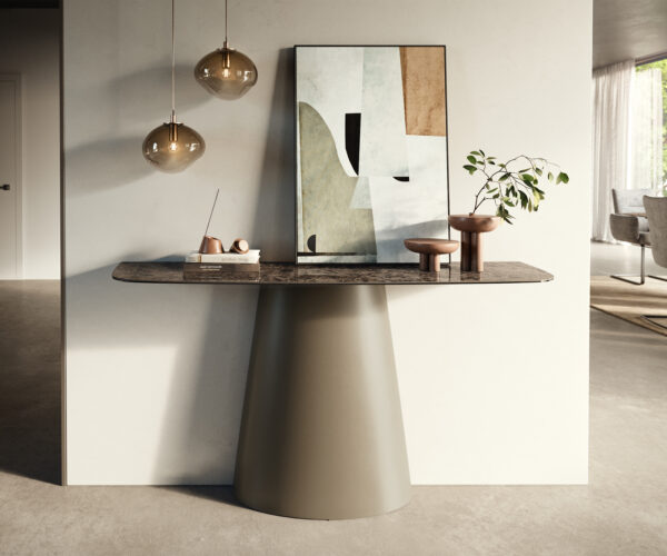 Konzolasztal Edge hajóformájú 140x40 cm kerámia emperador extra polírozott sötétbarna kúpos fém titán színű hatású