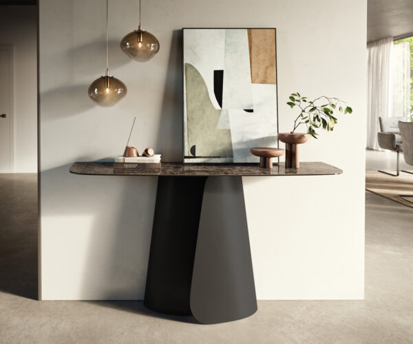 Konzolasztal Edge hajóformájú 140x40 cm kerámia emperador extra lucido sötétbarna Livos fém fekete