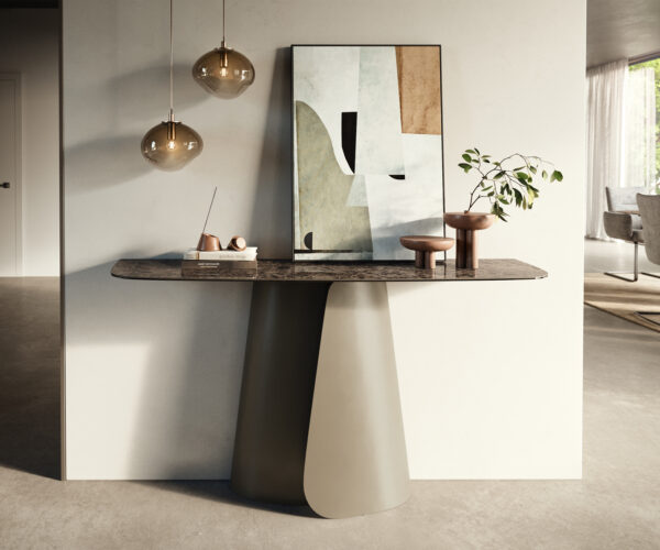 Konzolasztal Edge hajóformájú 140x40 cm kerámia emperador extra polírozott sötétbarna Livos fém titán színű effekt finish