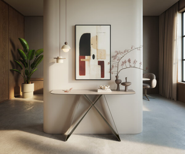 Konzolasztal Edge hajóformájú 140x40 cm Laminam® Travertino Bianco krémfehér Velio fém titán színű hatású
