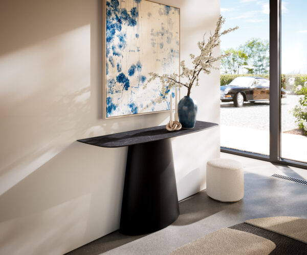 Konzolasztal Edge hajóformájú 140x40 cm Laminam® Nero Greco kerámia antracit Conos fekete fém