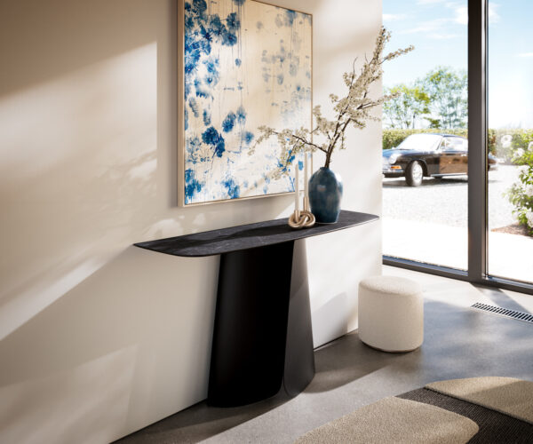Konzolasztal Edge hajóformájú 140x40 cm Laminam® Nero Greco antracit Livos fekete fém