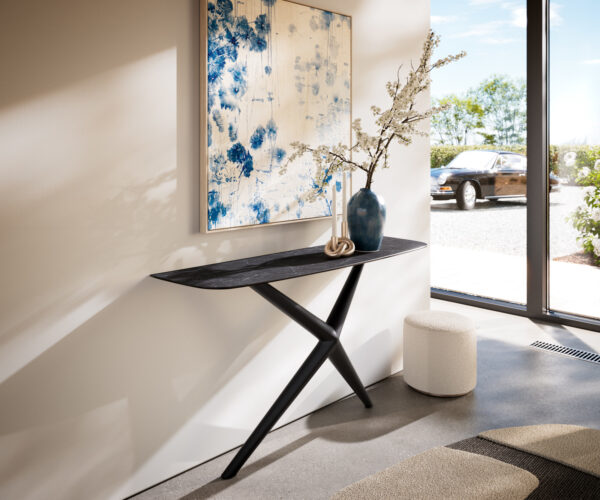 Konzolasztal Edge hajóformájú 140x40 cm Laminam® kerámia Nero Greco antracit Estelo fém fekete