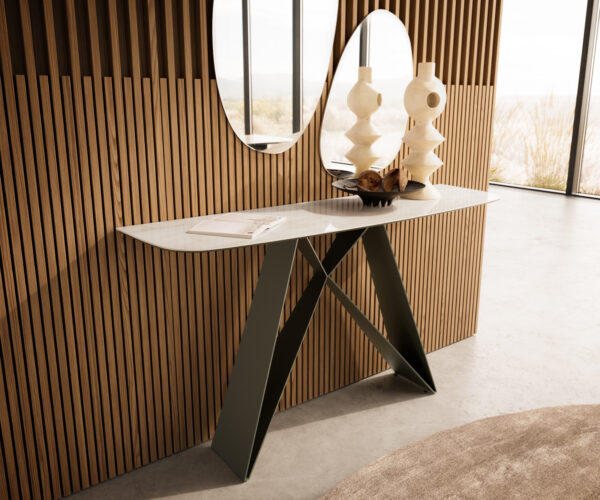 Konzolasztal Edge hajóformájú 140x40 cm kerámia ónix pezsgő Velio fém titán színű effekt finish