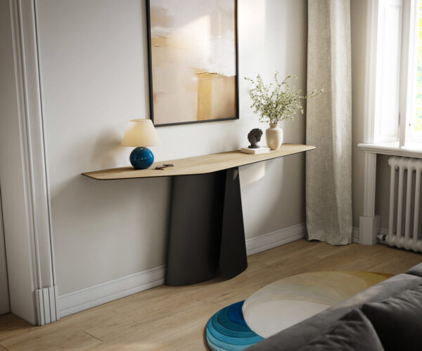 Konzolasztal Edge poligonális 180x50 cm Laminam® Sabbia kerámia tölgyszínű Livos fekete fém