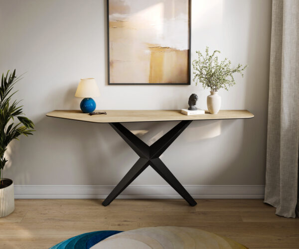Konzolasztal Edge poligonális 180x50 cm Laminam® Sabbia kerámia tölgyszínű Zentharo fém fekete