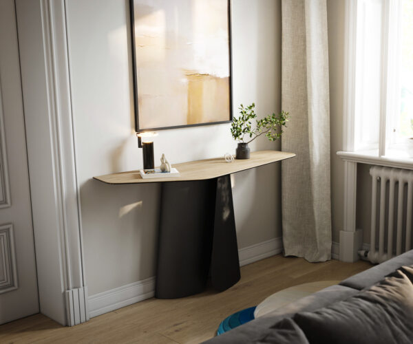 Konzolasztal Edge poligonális 140x50 cm Laminam® Sabbia kerámia tölgyszínű Livos fekete fém