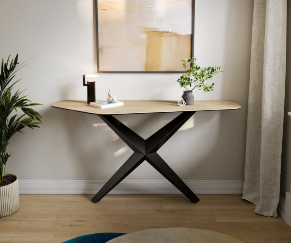 Konzolasztal Edge poligonális 140x50 cm kerámia Laminam® Sabbia tölgyszínű Zentharo fém fekete